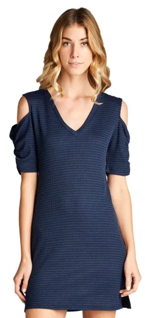 Open Shoulder Ribbed Dress with V Neck Striped Navy