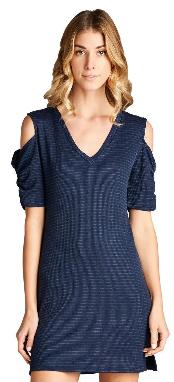 Open Shoulder Ribbed Dress with V Neck Striped Navy