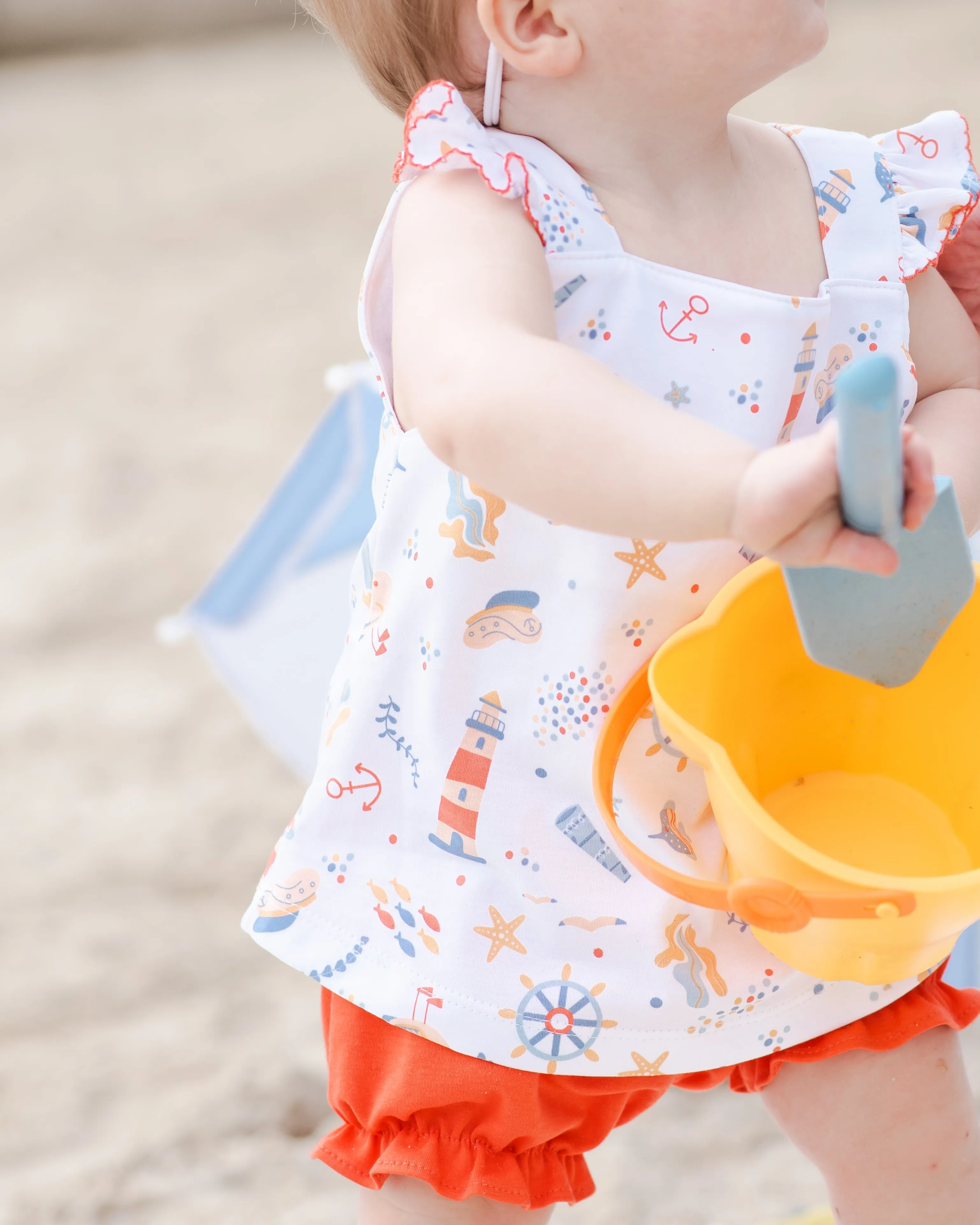 Orange Square Neck Nautical Bloomer Set