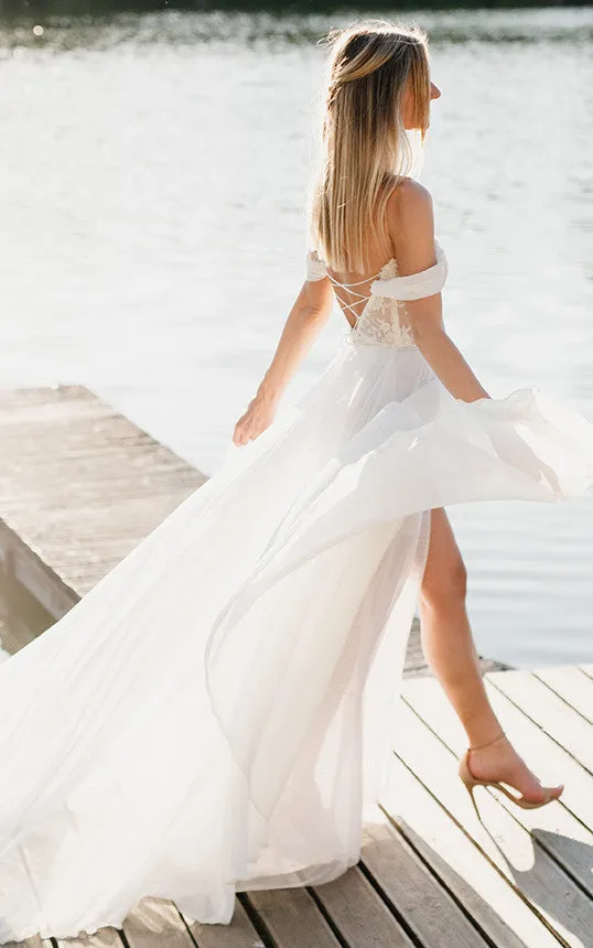 Orlanda | A-Line Lace White Lace-Up Off-the-Shoulder Wedding Dress with Slit