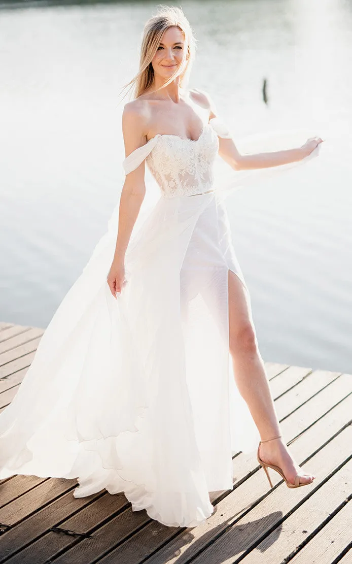 Orlanda | A-Line Lace White Lace-Up Off-the-Shoulder Wedding Dress with Slit
