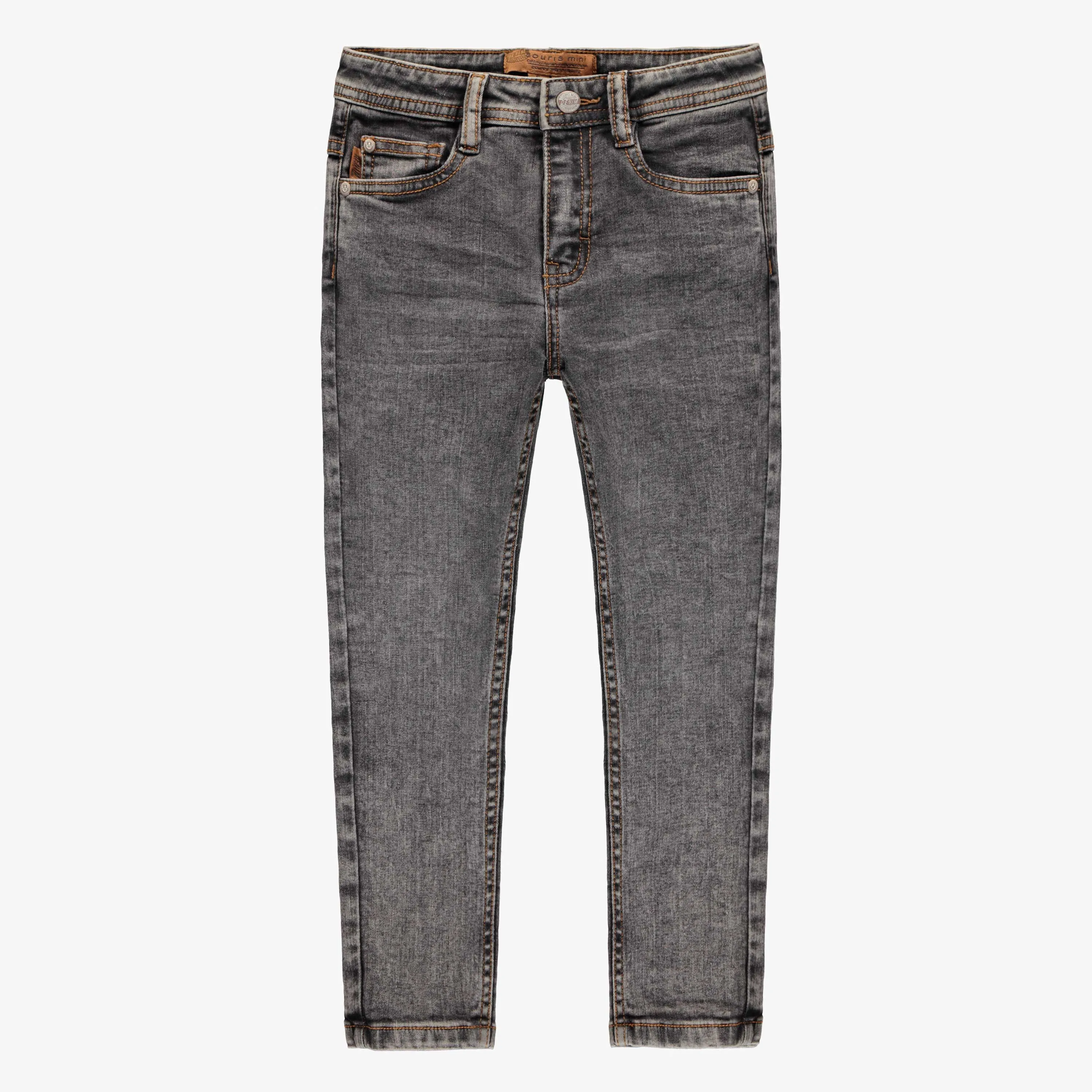 Pantalon coupe ajustée en denim léger extensible, gris moyen, enfant || Slim fit pants in medium grey stretch denim, child