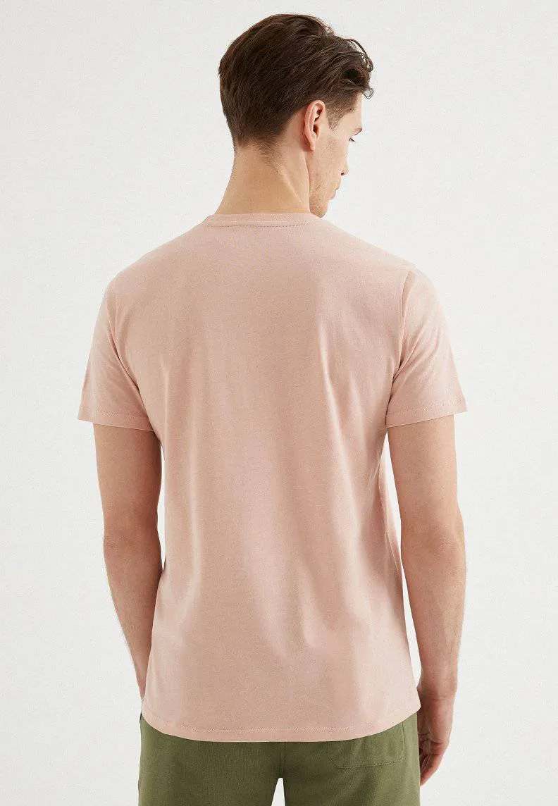 Pembe Baskılı Bisiklet Yaka Pamuklu Regular Fit Erkek T-Shirt LEAF