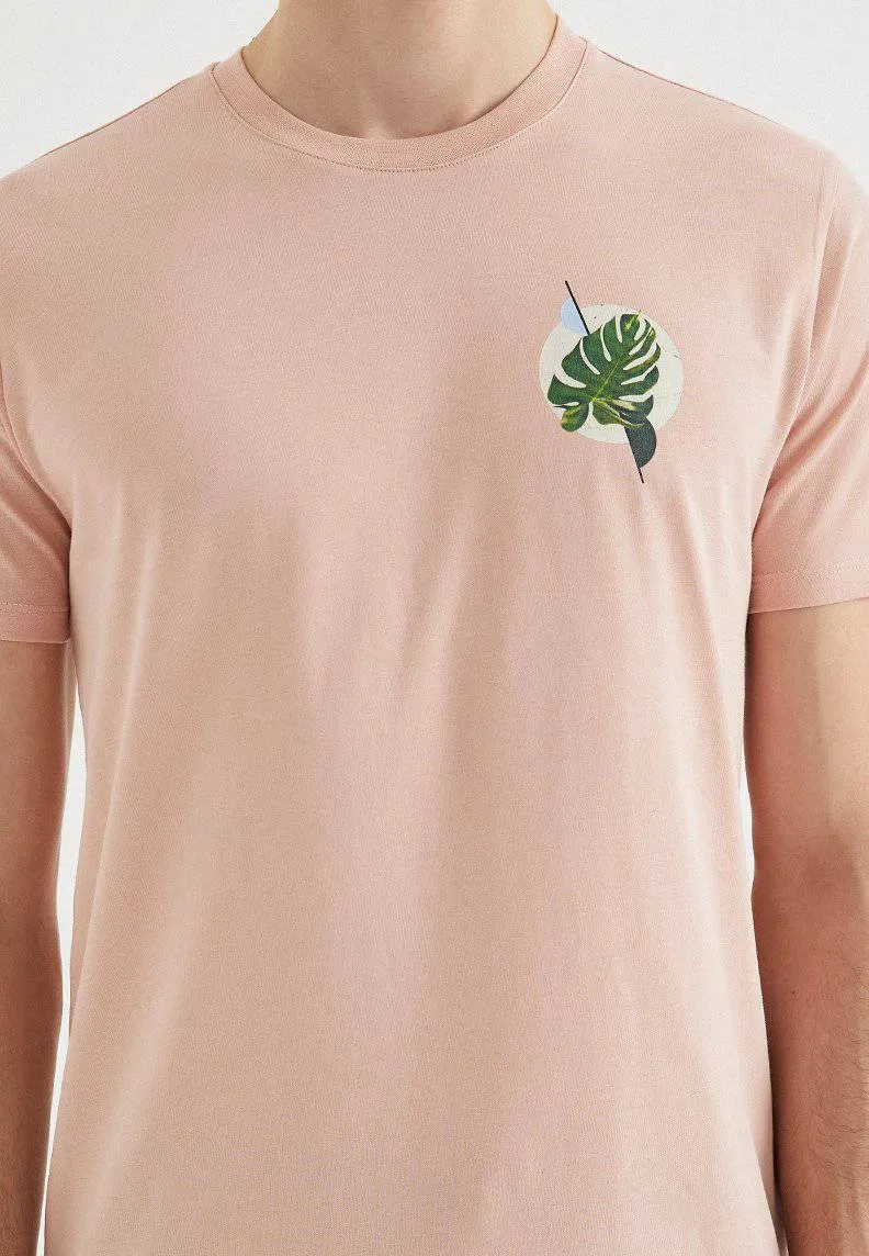 Pembe Baskılı Bisiklet Yaka Pamuklu Regular Fit Erkek T-Shirt LEAF