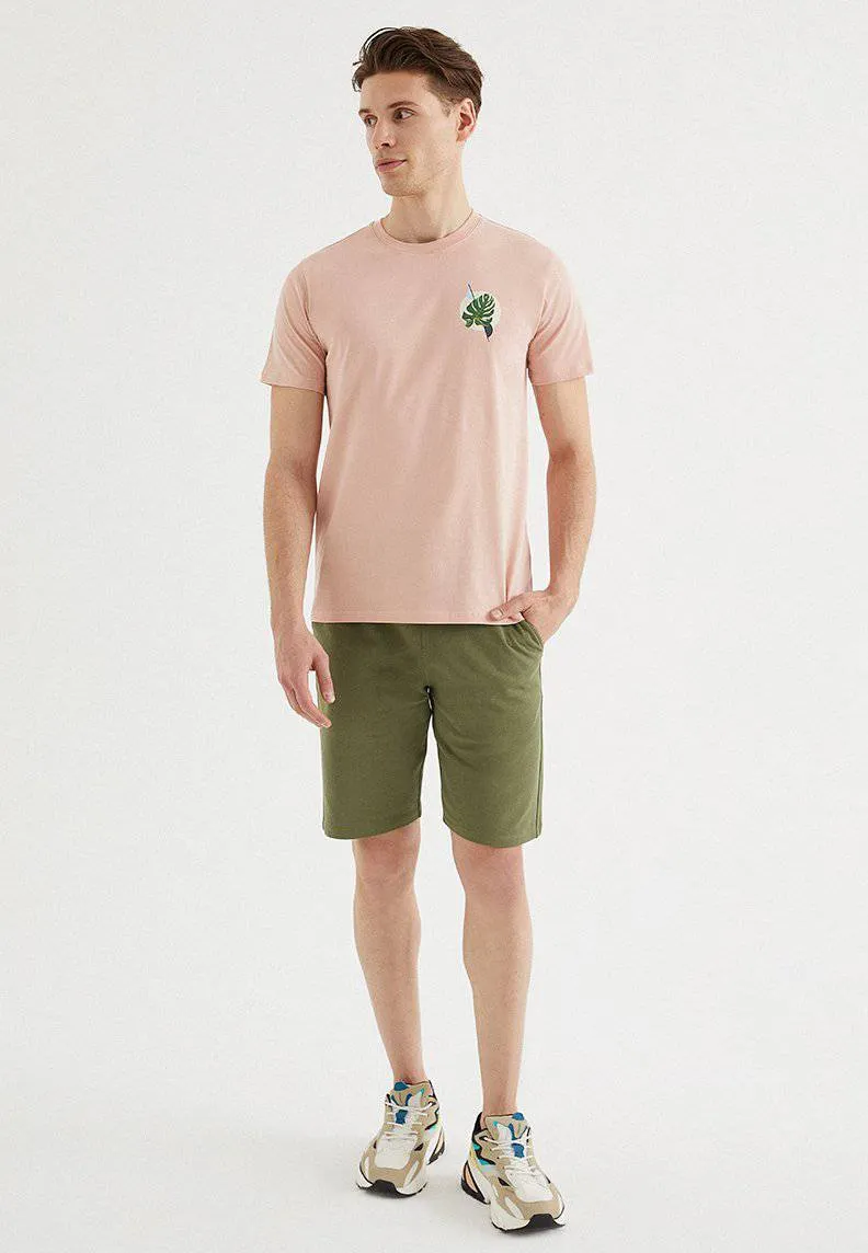 Pembe Baskılı Bisiklet Yaka Pamuklu Regular Fit Erkek T-Shirt LEAF