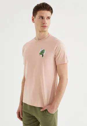 Pembe Baskılı Bisiklet Yaka Pamuklu Regular Fit Erkek T-Shirt LEAF