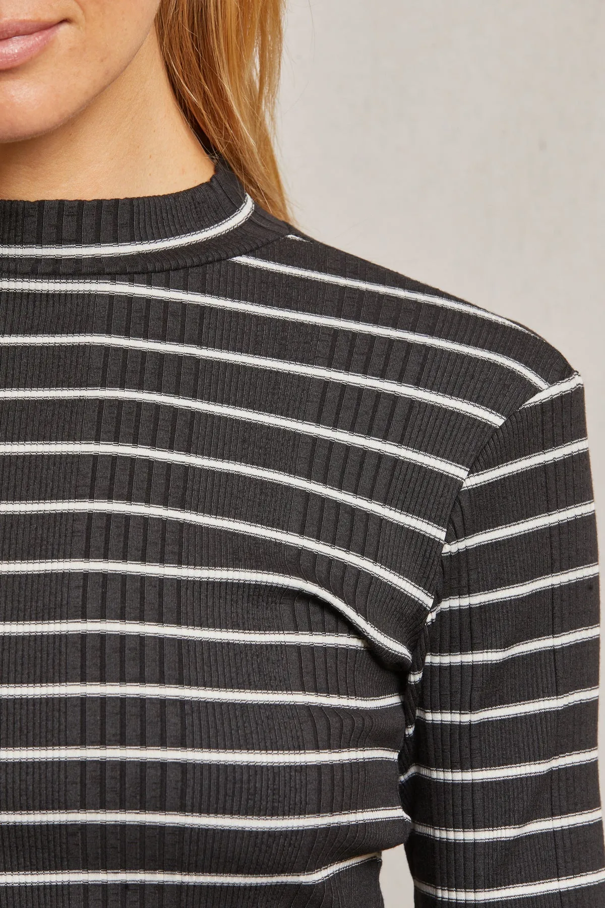 Perfect White Tee Lauryn Rib Mock Neck Long Sleeve Black Sugar Stripe
