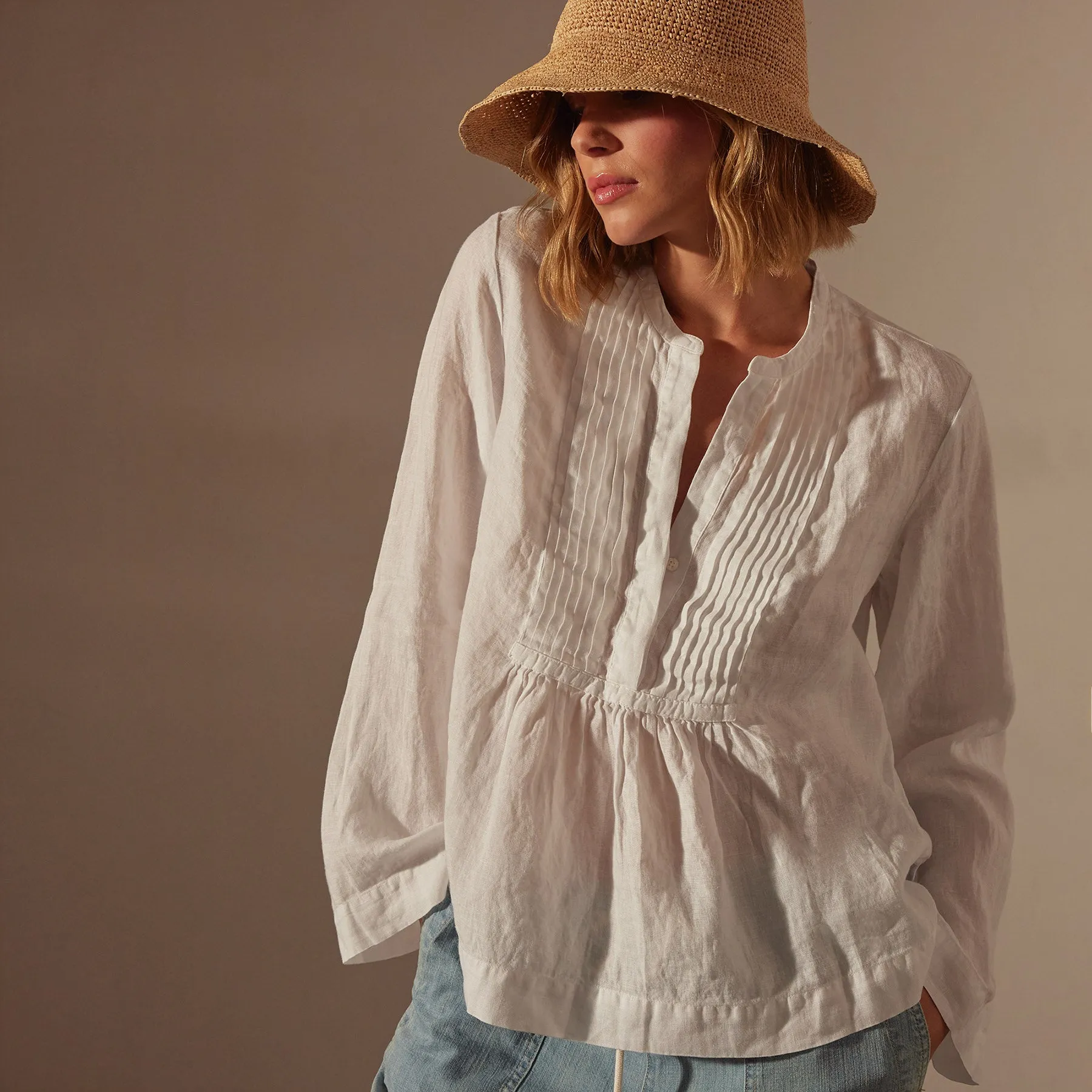 Pin Tuck Linen Top - White