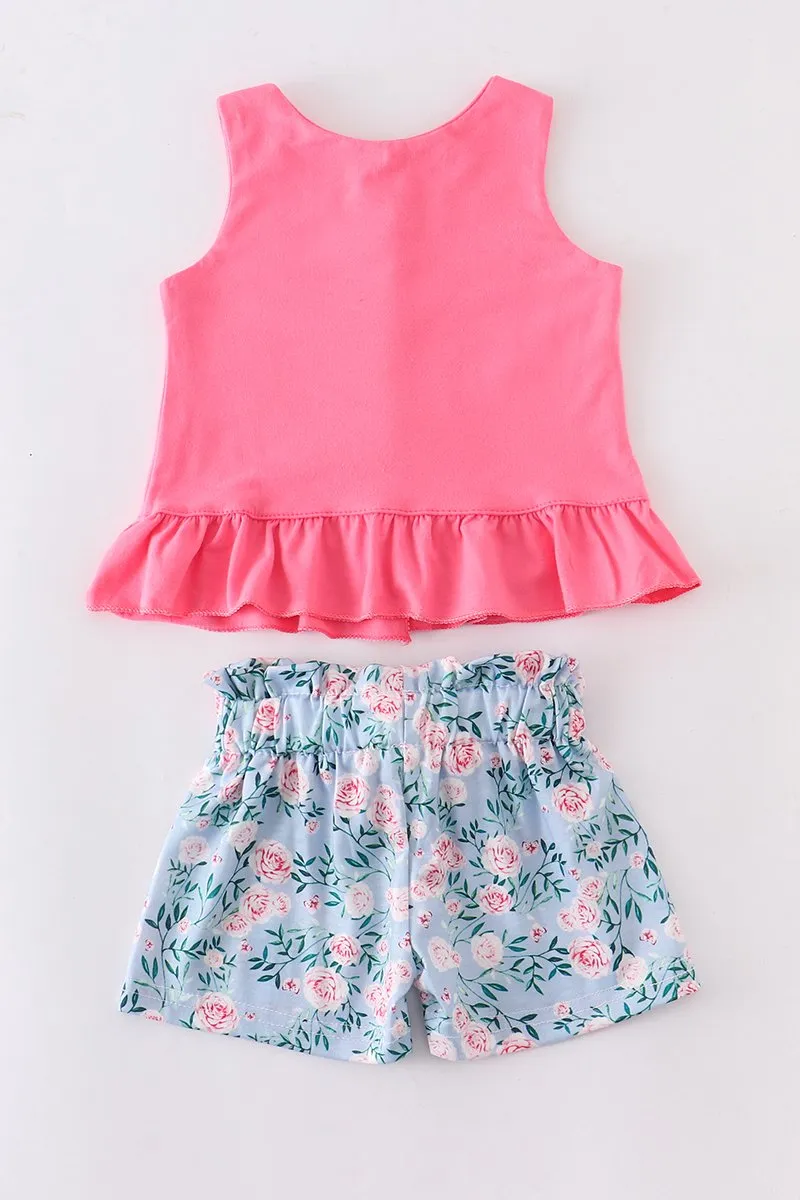 Pink grey ruffle shorts set