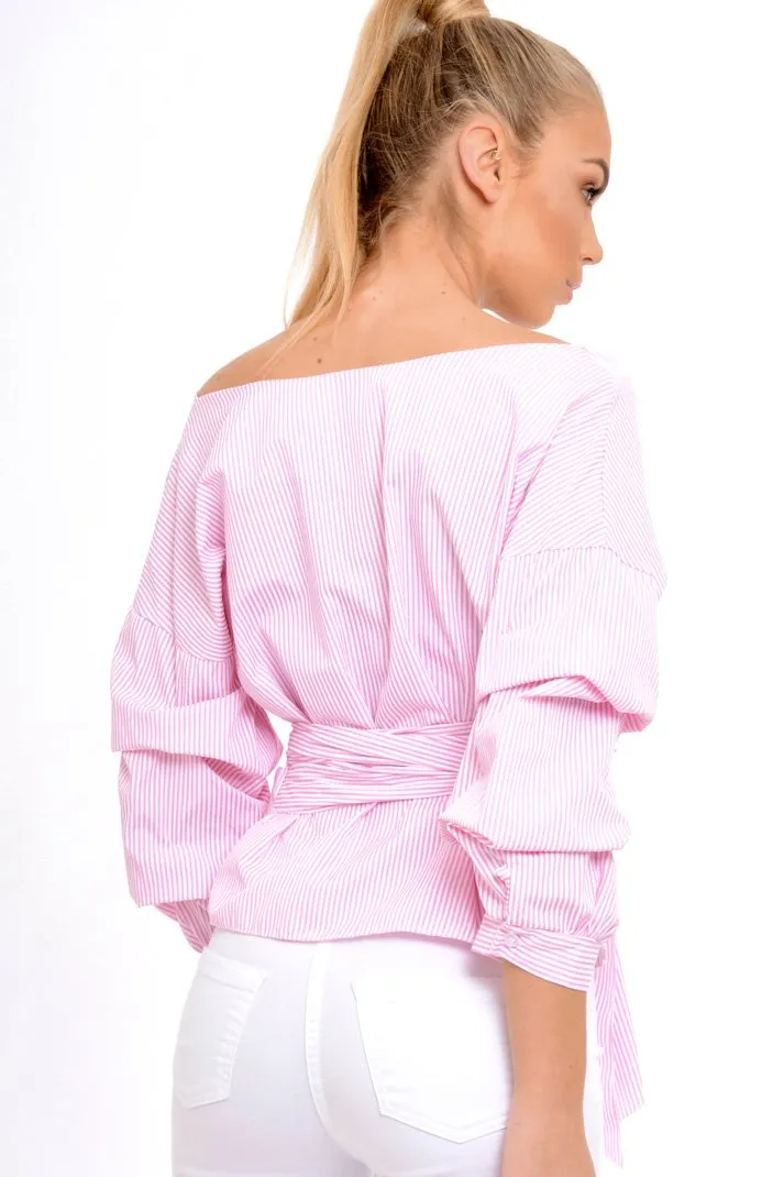 Pink Stripe Wrap Around Tie Waist Top - Rhona