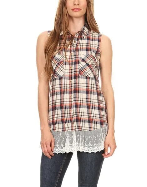 Plaid Front Pocket Laced-Hem Top Orange - Pack of 6
