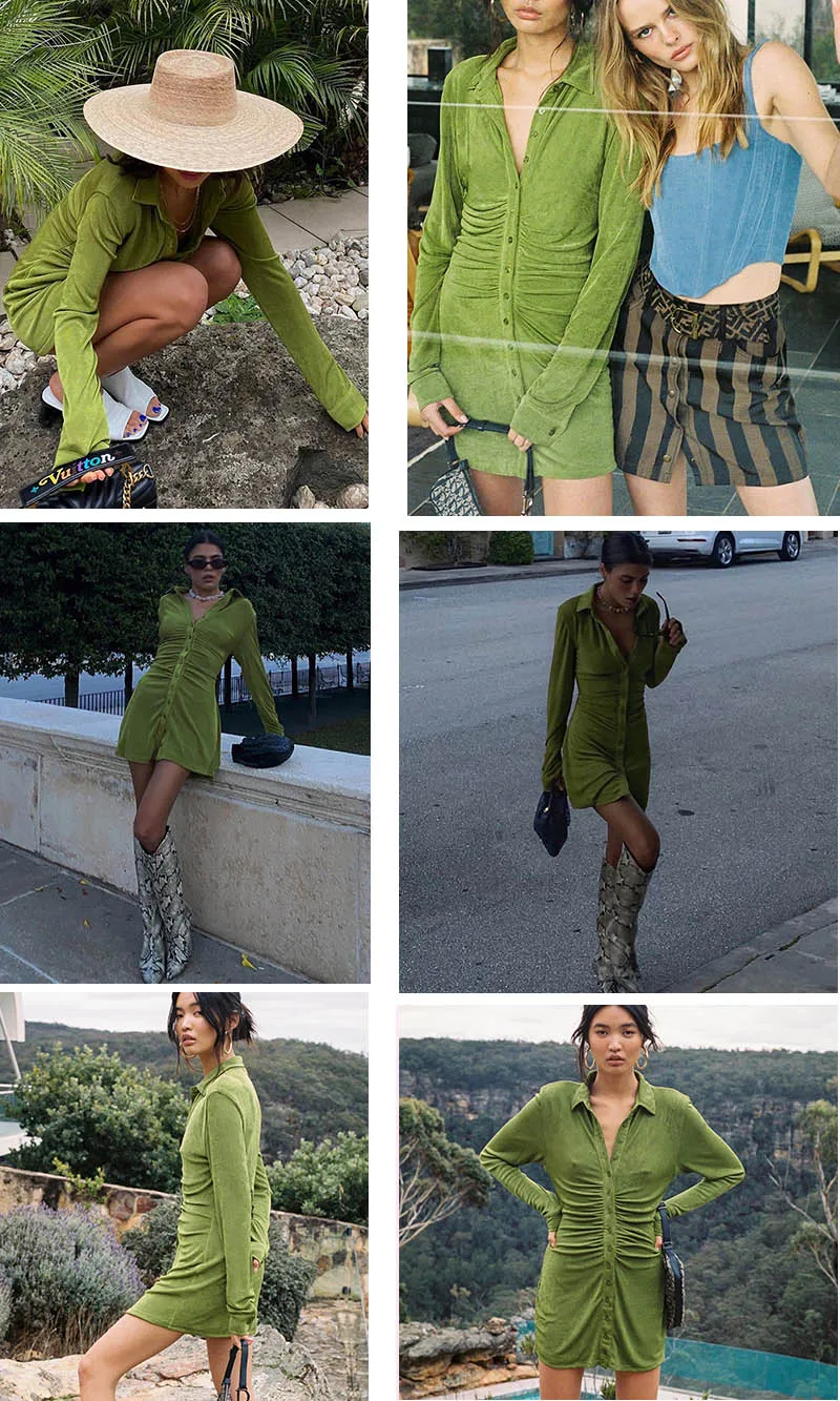 Pleated Turn-Down Collar Button Blouse Sexy Long Sleeve Mini Shirt Dress