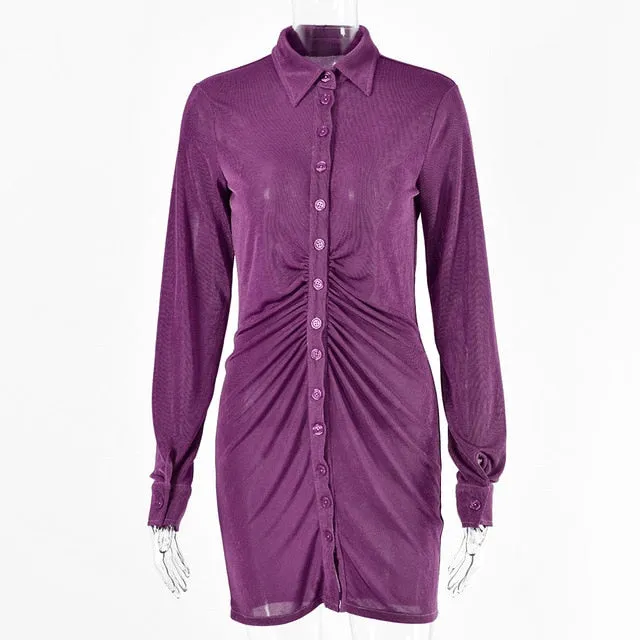 Pleated Turn-Down Collar Button Blouse Sexy Long Sleeve Mini Shirt Dress