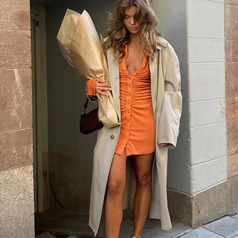 Pleated Turn-Down Collar Button Blouse Sexy Long Sleeve Mini Shirt Dress