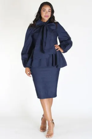 Plus Size Denim Ruffle Bow Long Sleeve Dress