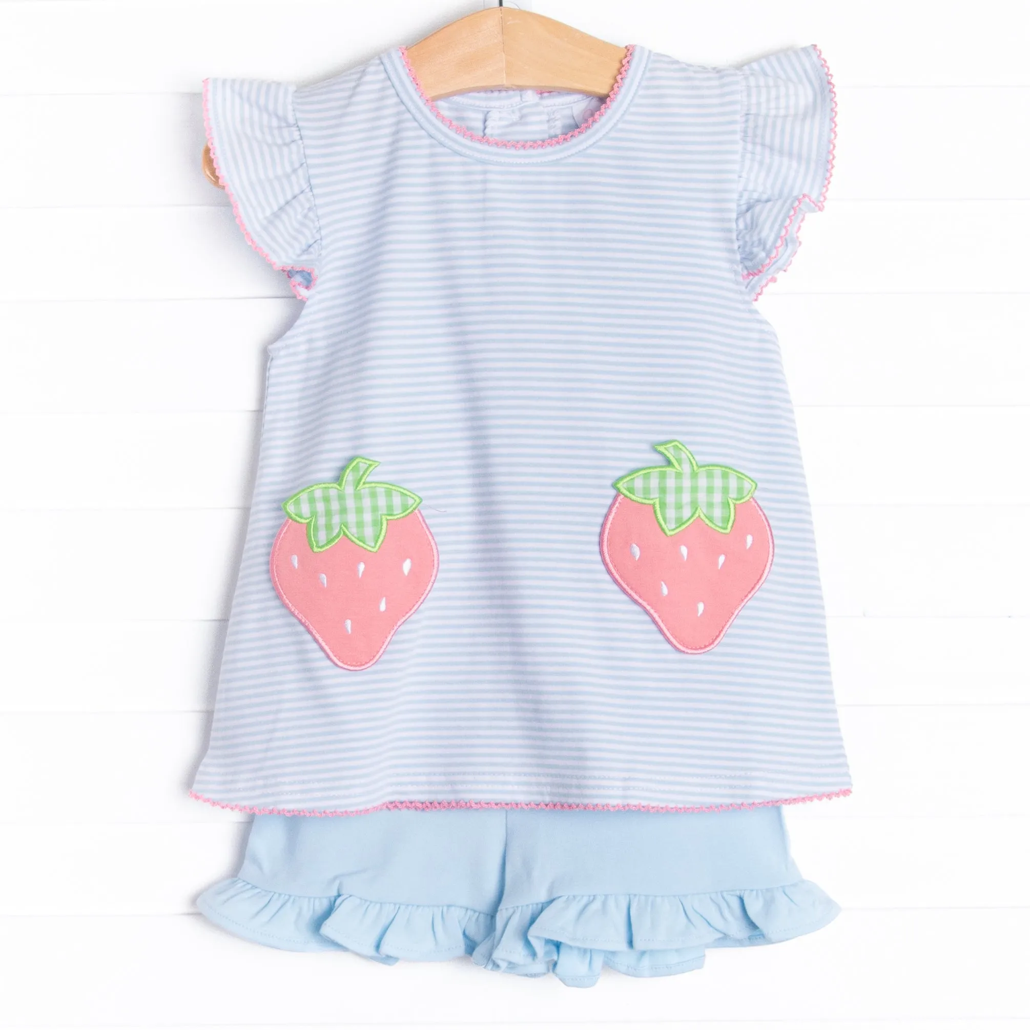Pocketful of Berries Applique Ruffle Short Set, Blue