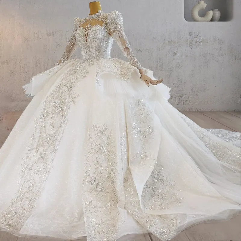Princess Luxury Lace Long Sleeves Wedding Dress with Appliques