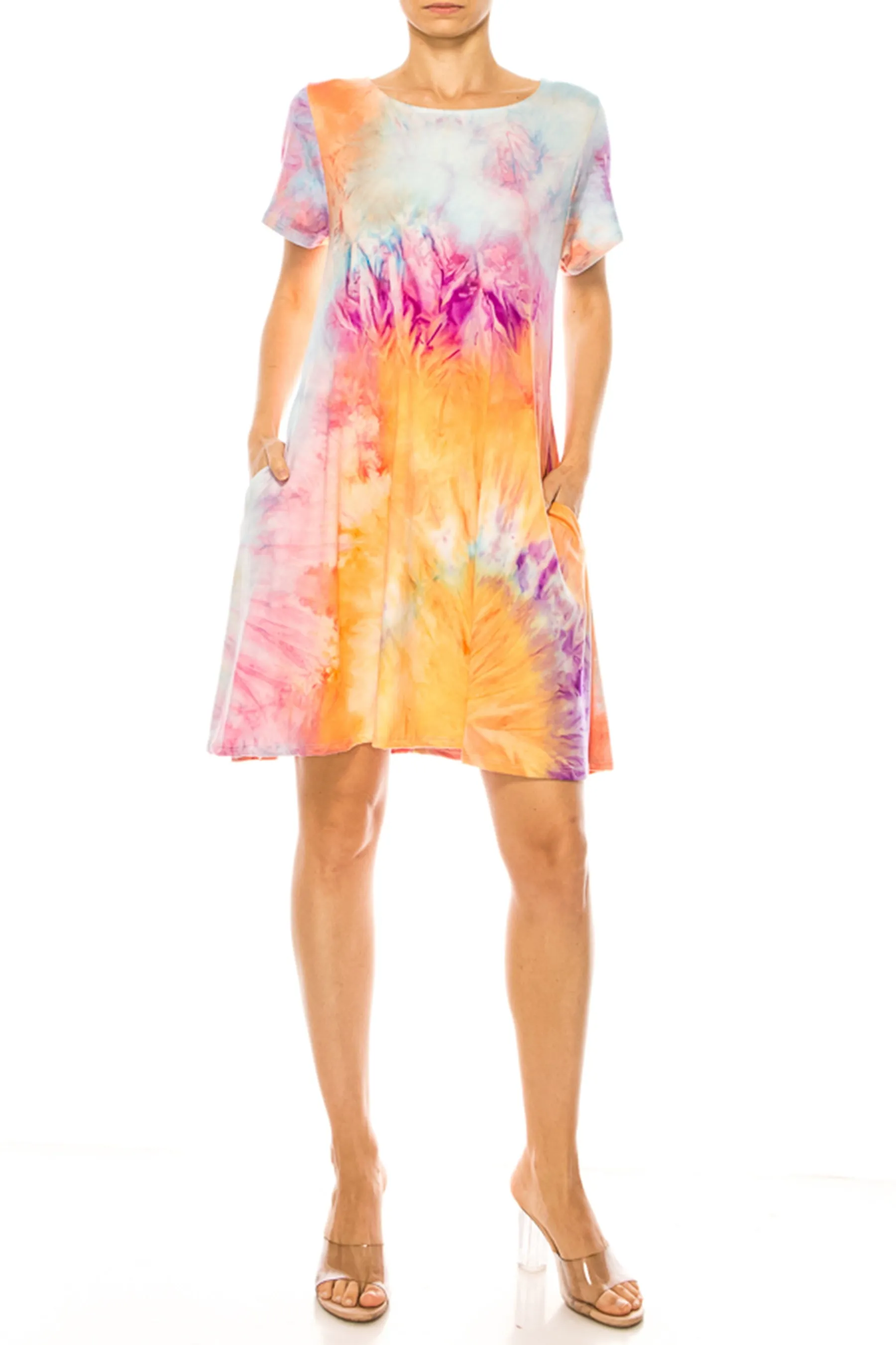 Printed Short Sleeve Dress with Round Neckline and Side Pockets D765 $10Each