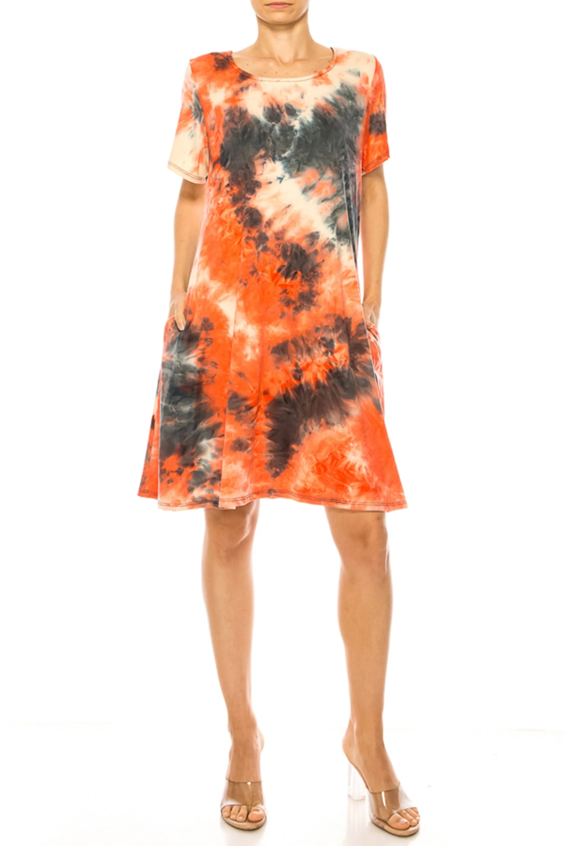 Printed Short Sleeve Dress with Round Neckline and Side Pockets D765 $10Each
