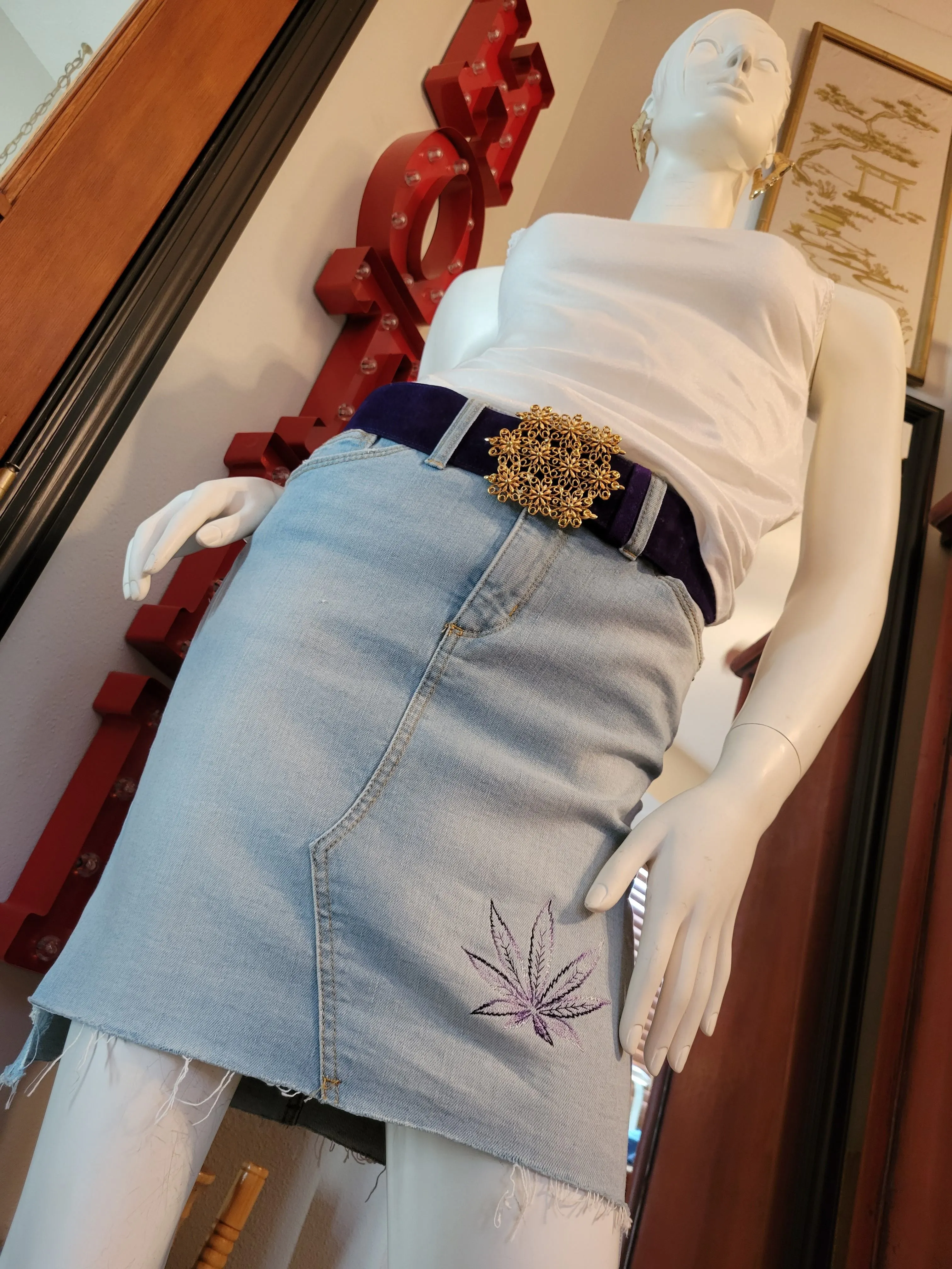 "Cannabis Leaf" Upcycled Denim Skirt