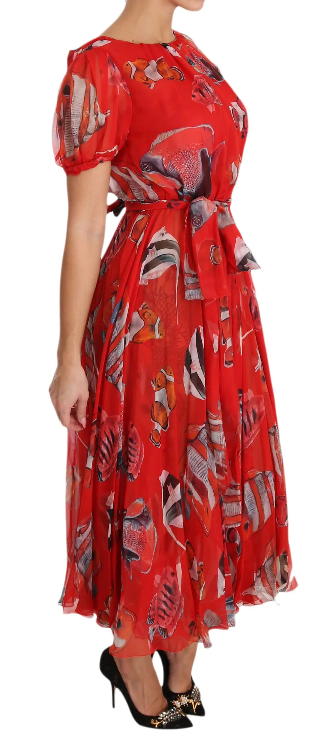 Red Silk Fish A-Line Shift Gown Dress