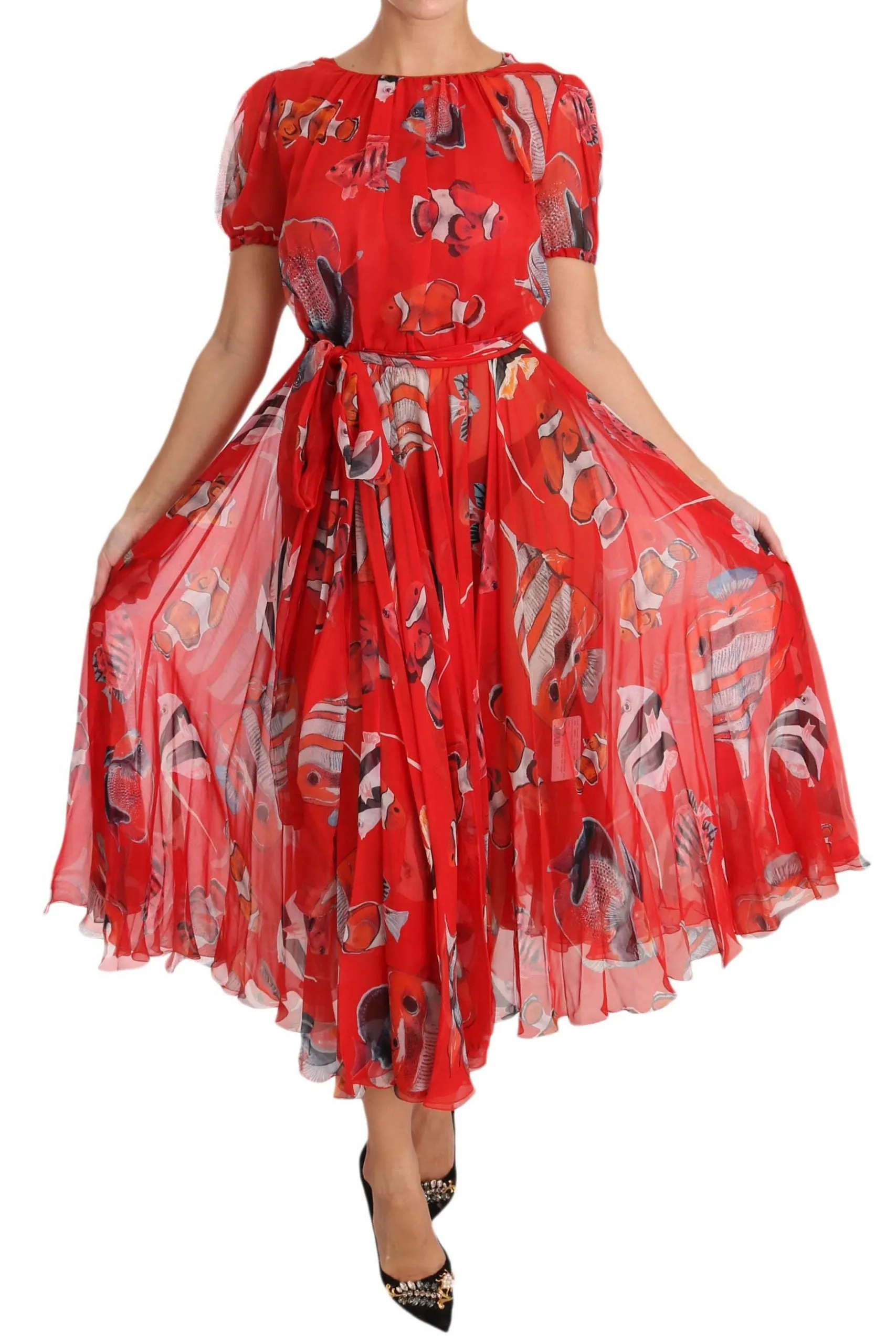 Red Silk Fish A-Line Shift Gown Dress