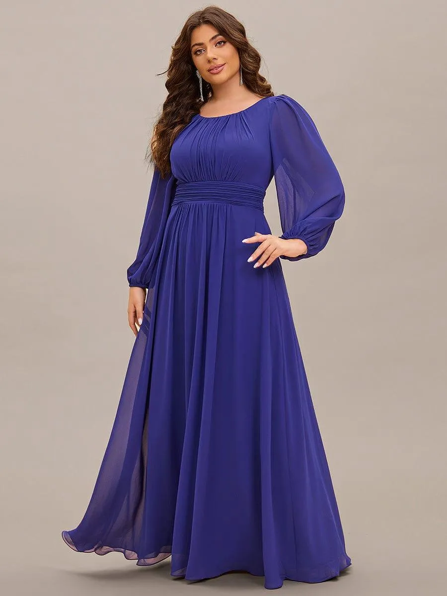 Robe de demoiselle d'honneur plissée à manches longues transparente de grande taille