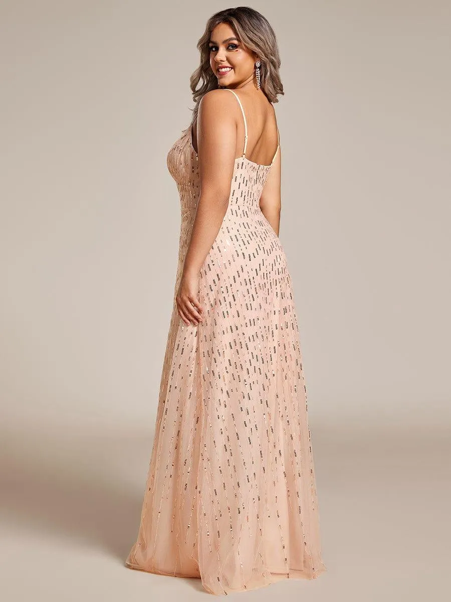 Robe de soirée taille haute à col en V profond et à paillettes ornée de bretelles spaghetti