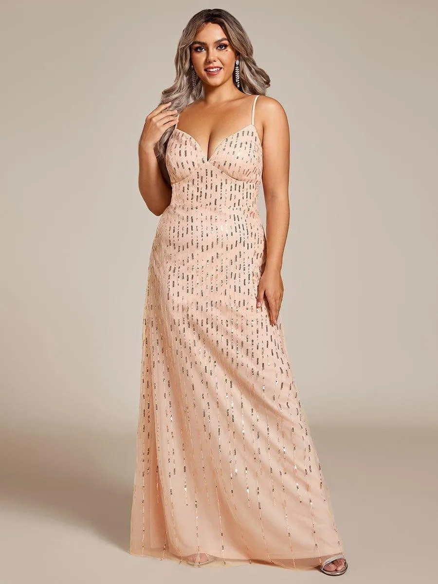 Robe de soirée taille haute à col en V profond et à paillettes ornée de bretelles spaghetti