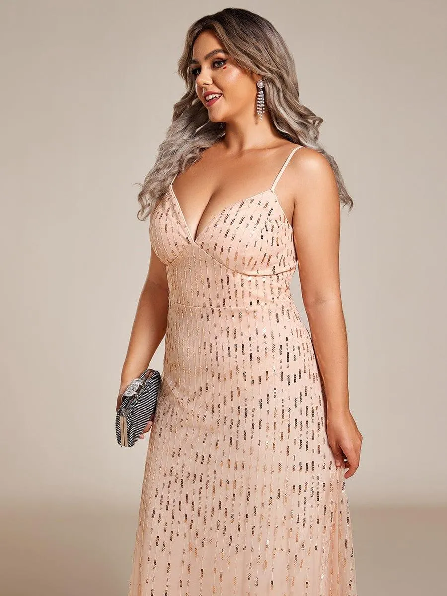 Robe de soirée taille haute à col en V profond et à paillettes ornée de bretelles spaghetti