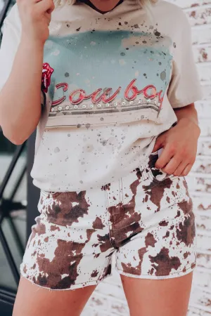 Round Up Cow Print Denim Shorts S-3X