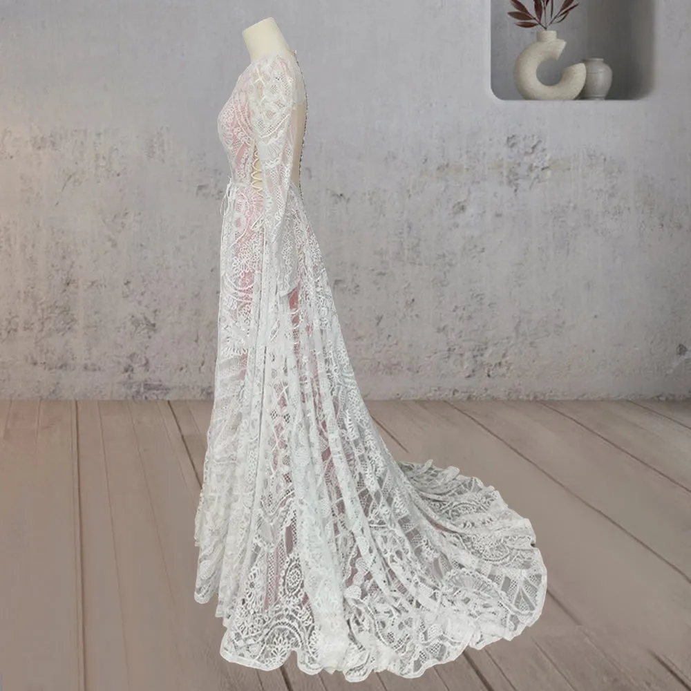Ruched Bohemian Lace Round Neck Wedding Dress