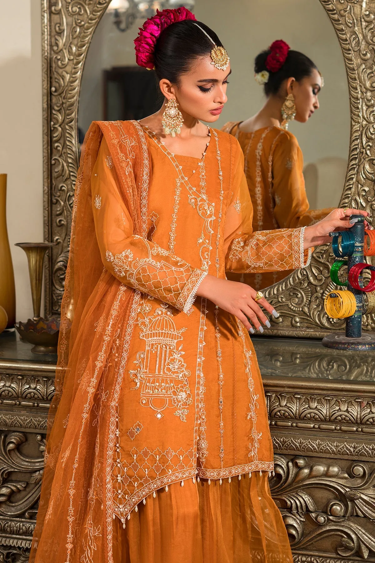 Rust Orange Heavily Embellished Kameez Sharara Pakistani Party Dress