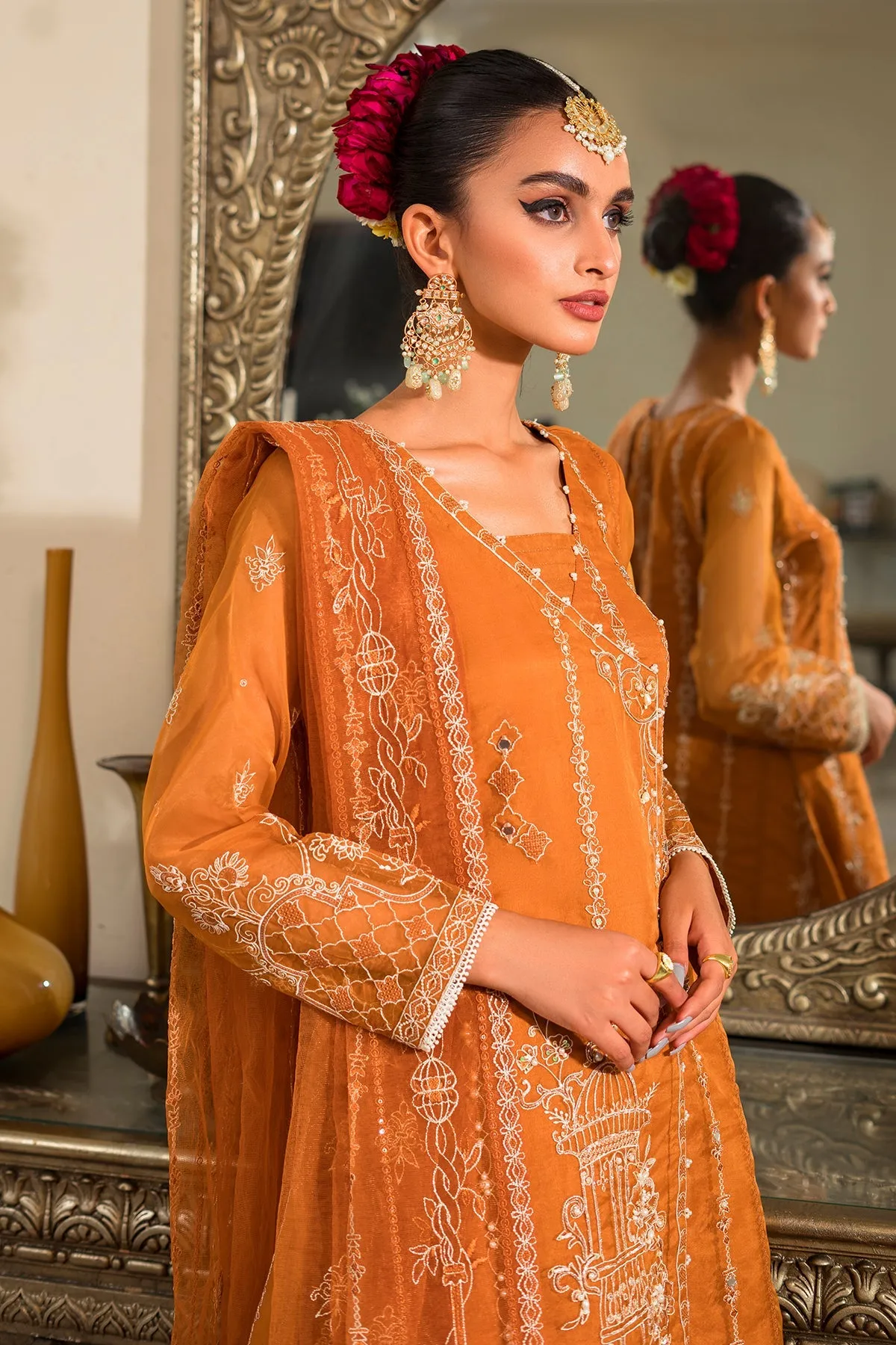Rust Orange Heavily Embellished Kameez Sharara Pakistani Party Dress