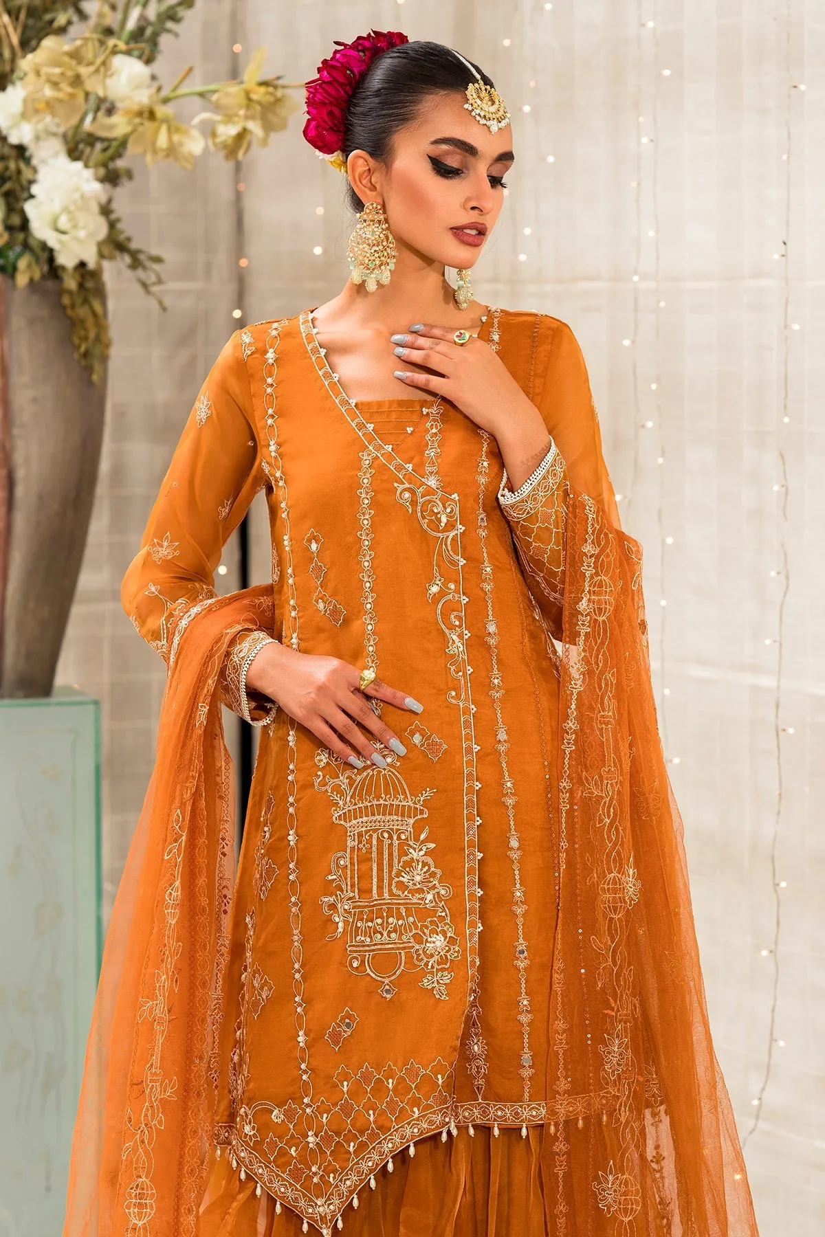 Rust Orange Heavily Embellished Kameez Sharara Pakistani Party Dress