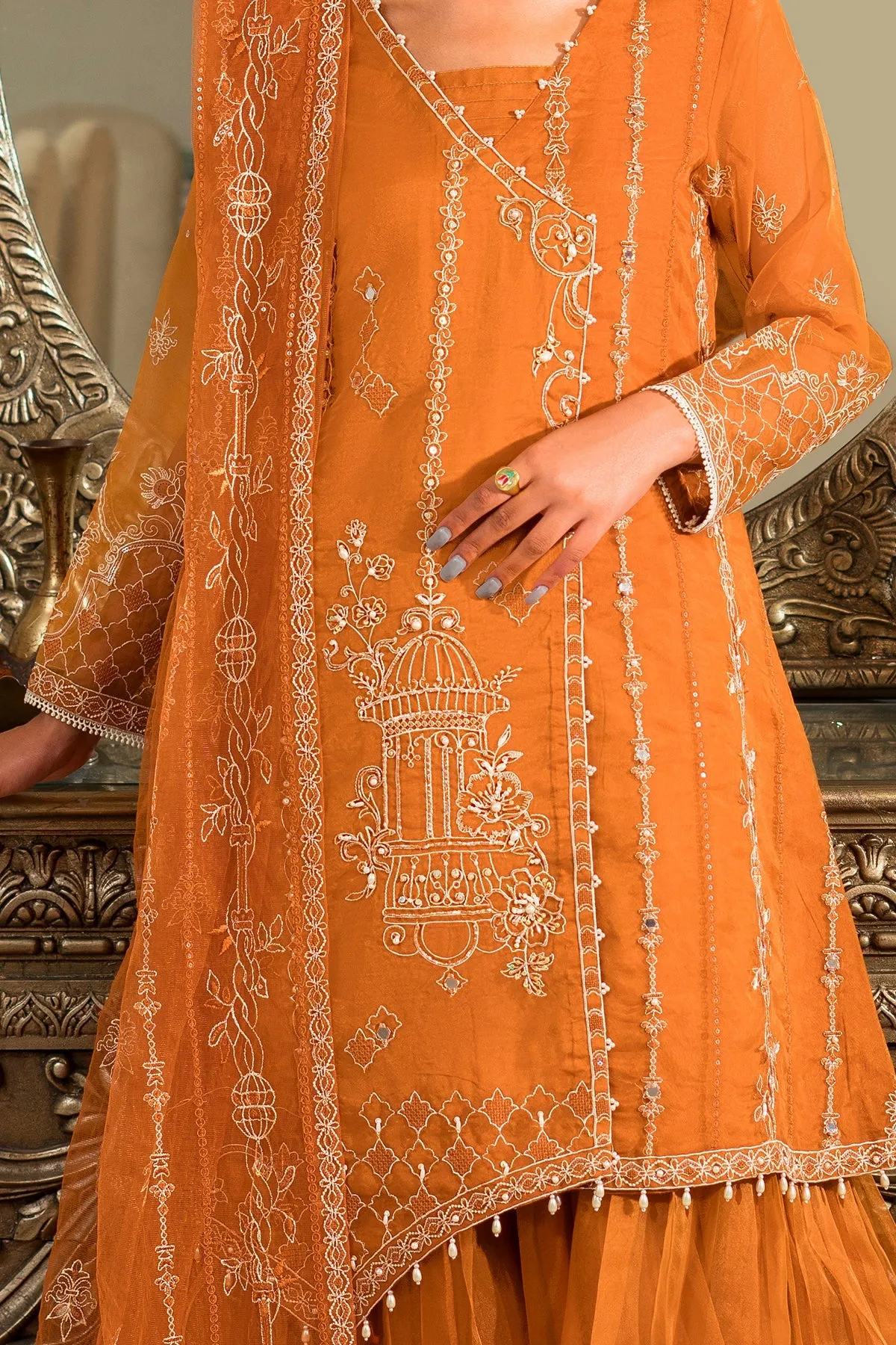 Rust Orange Heavily Embellished Kameez Sharara Pakistani Party Dress