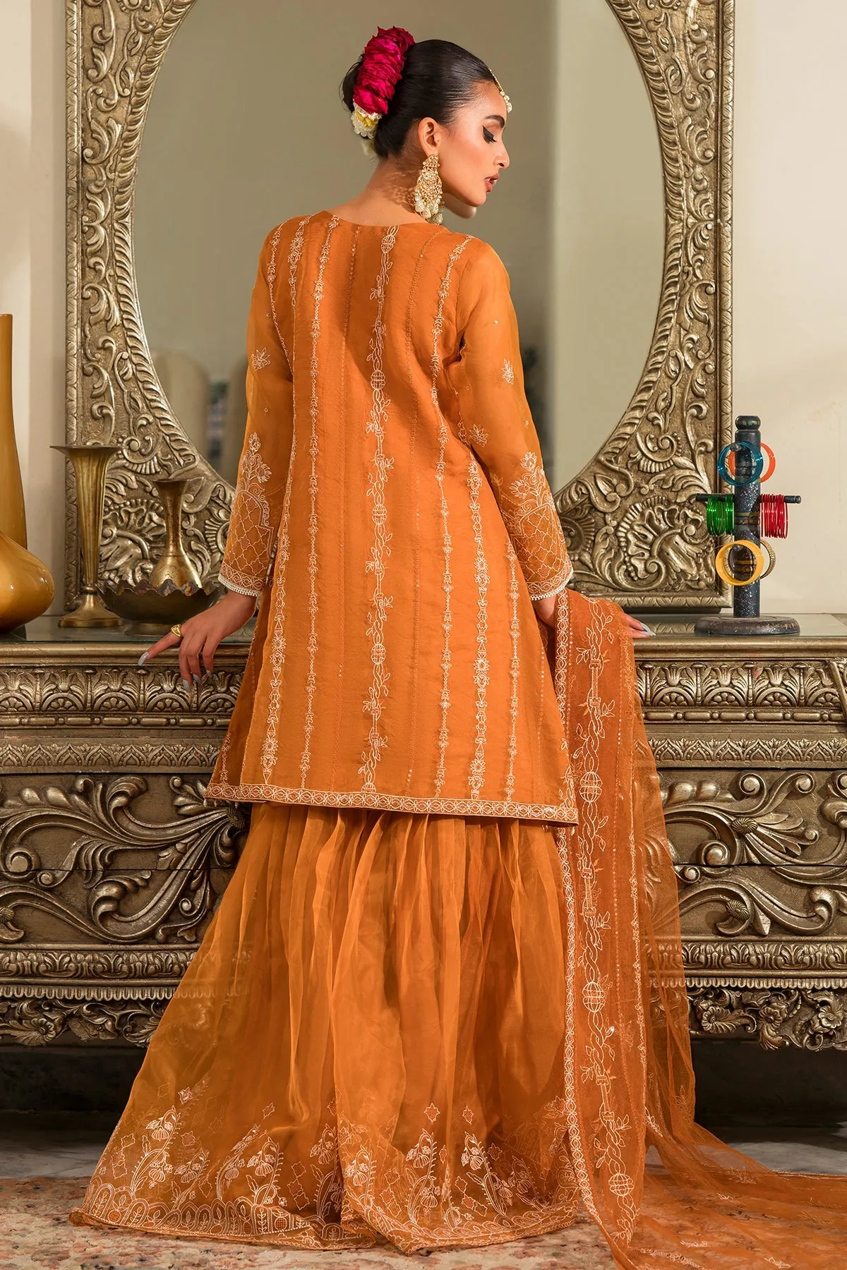 Rust Orange Heavily Embellished Kameez Sharara Pakistani Party Dress