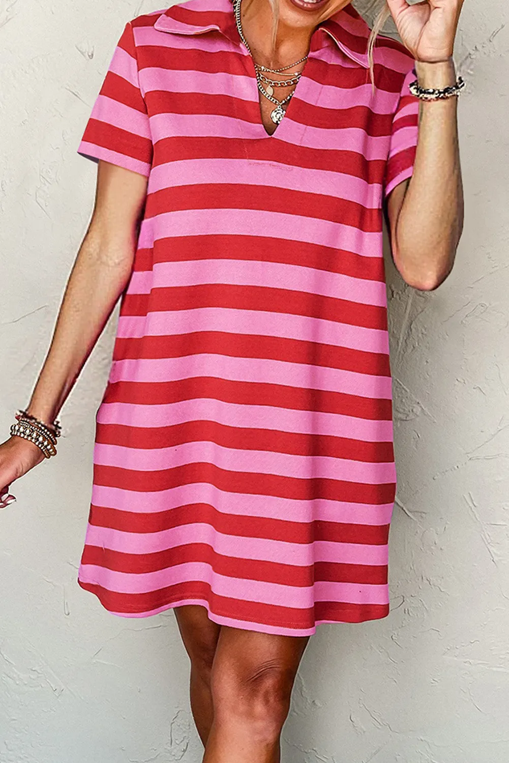 Sadie,  Stripe Collared V Neck Shift Mini Dress