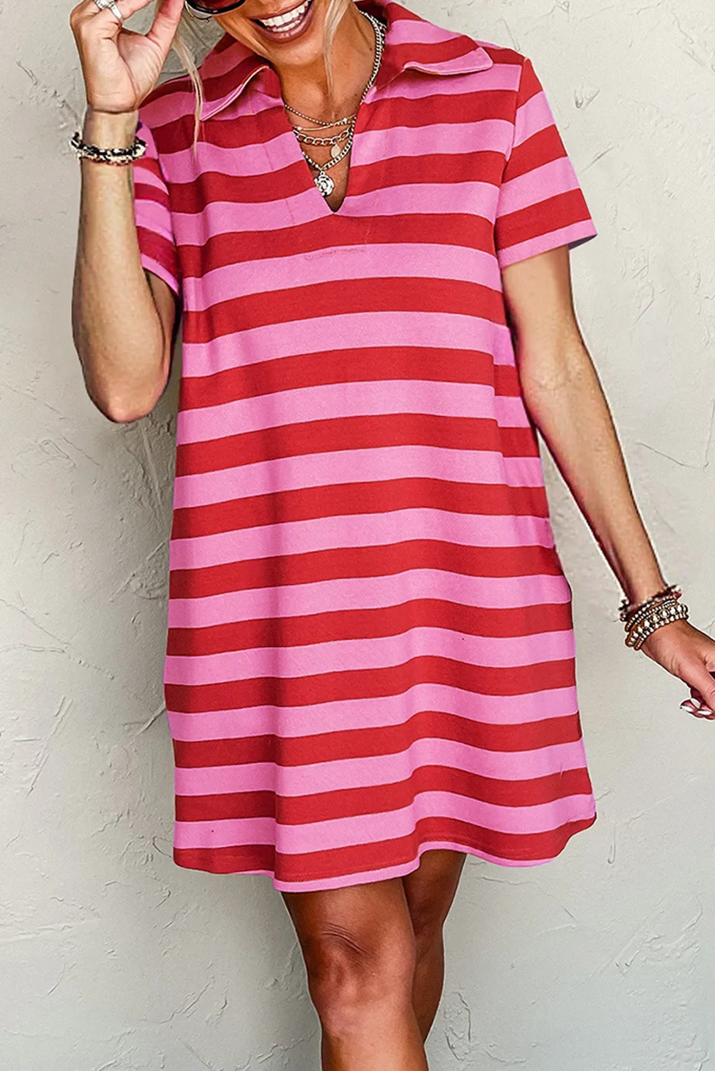 Sadie,  Stripe Collared V Neck Shift Mini Dress