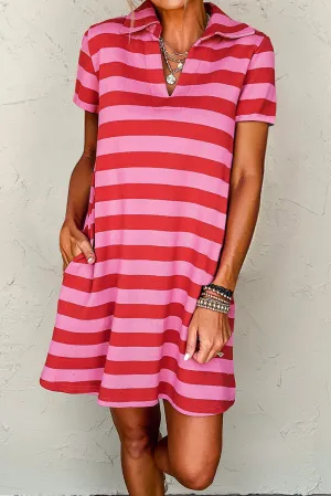 Sadie,  Stripe Collared V Neck Shift Mini Dress