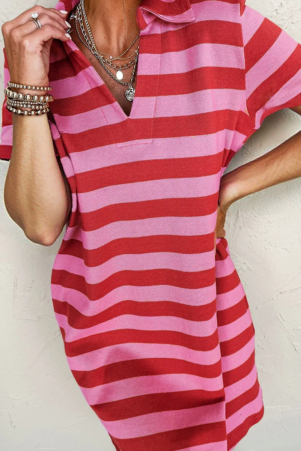 Sadie,  Stripe Collared V Neck Shift Mini Dress