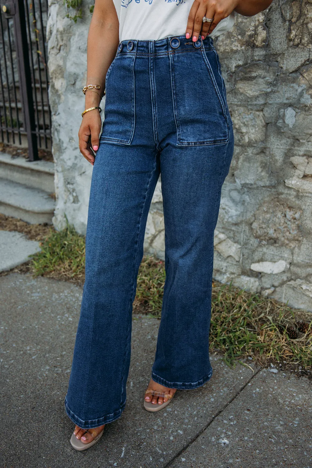 Sail Blue Buttons Decor Large Pockets Straight Leg Jeans