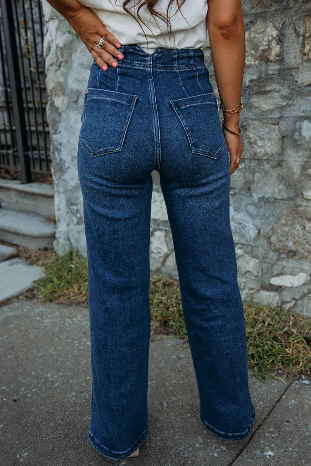 Sail Blue Buttons Decor Large Pockets Straight Leg Jeans