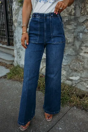 Sail Blue Buttons Decor Large Pockets Straight Leg Jeans
