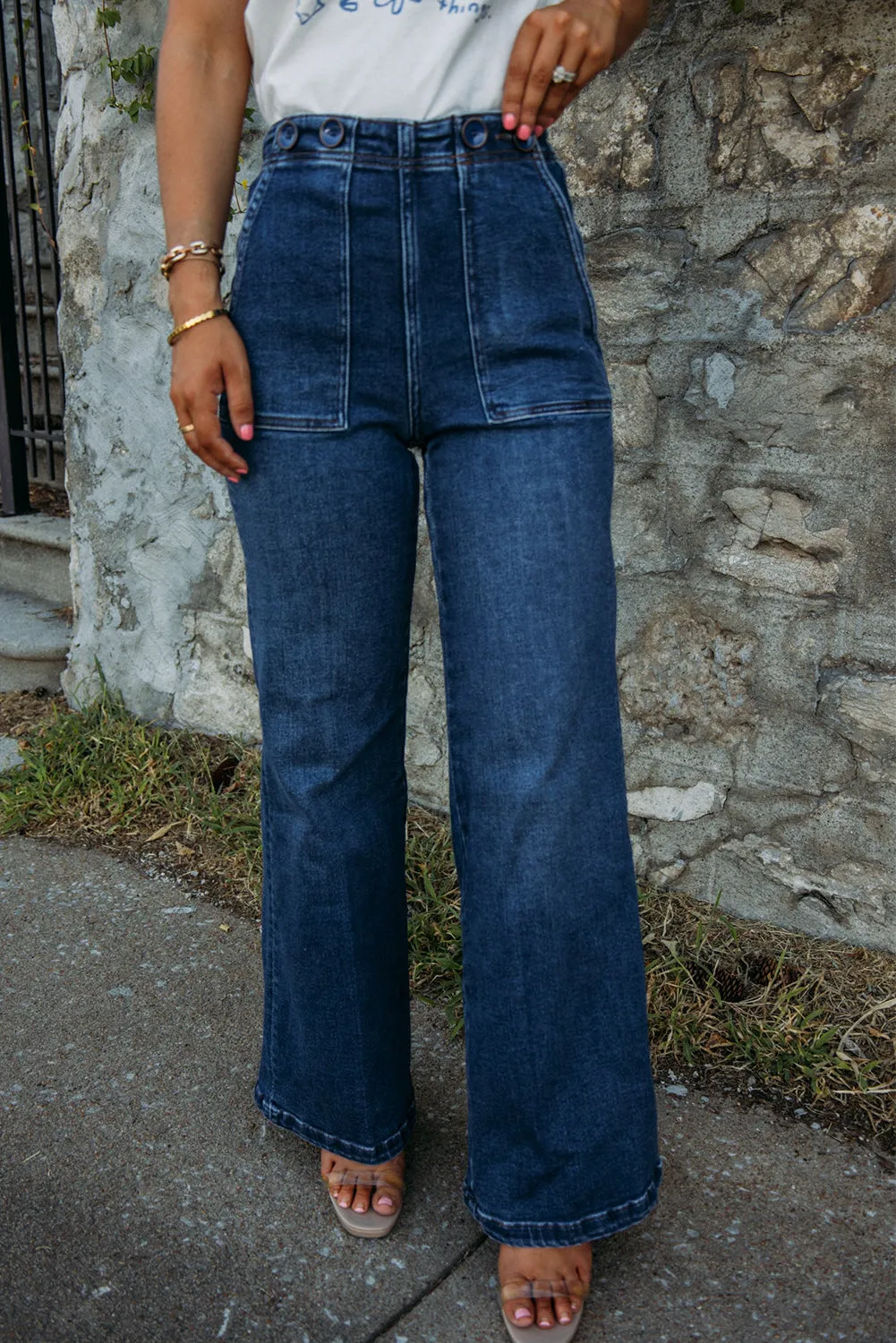Sail Blue Buttons Decor Large Pockets Straight Leg Jeans