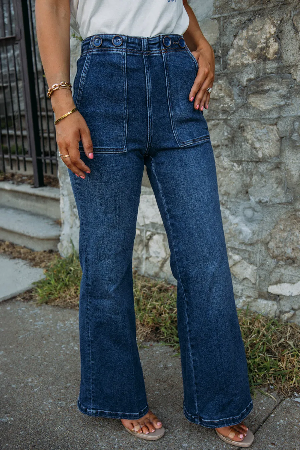 Sail Blue Buttons Decor Large Pockets Straight Leg Jeans