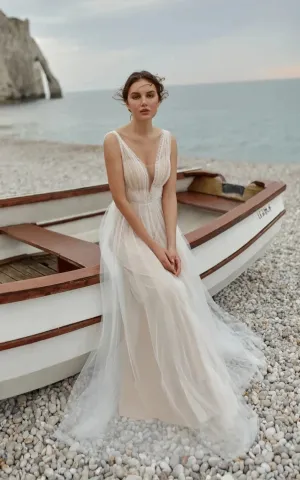 Saskia | A-Line Tulle Gorgeous Deep V-Neck Open Back Double Layers Elegant Floor Length Long Dress With Sequin