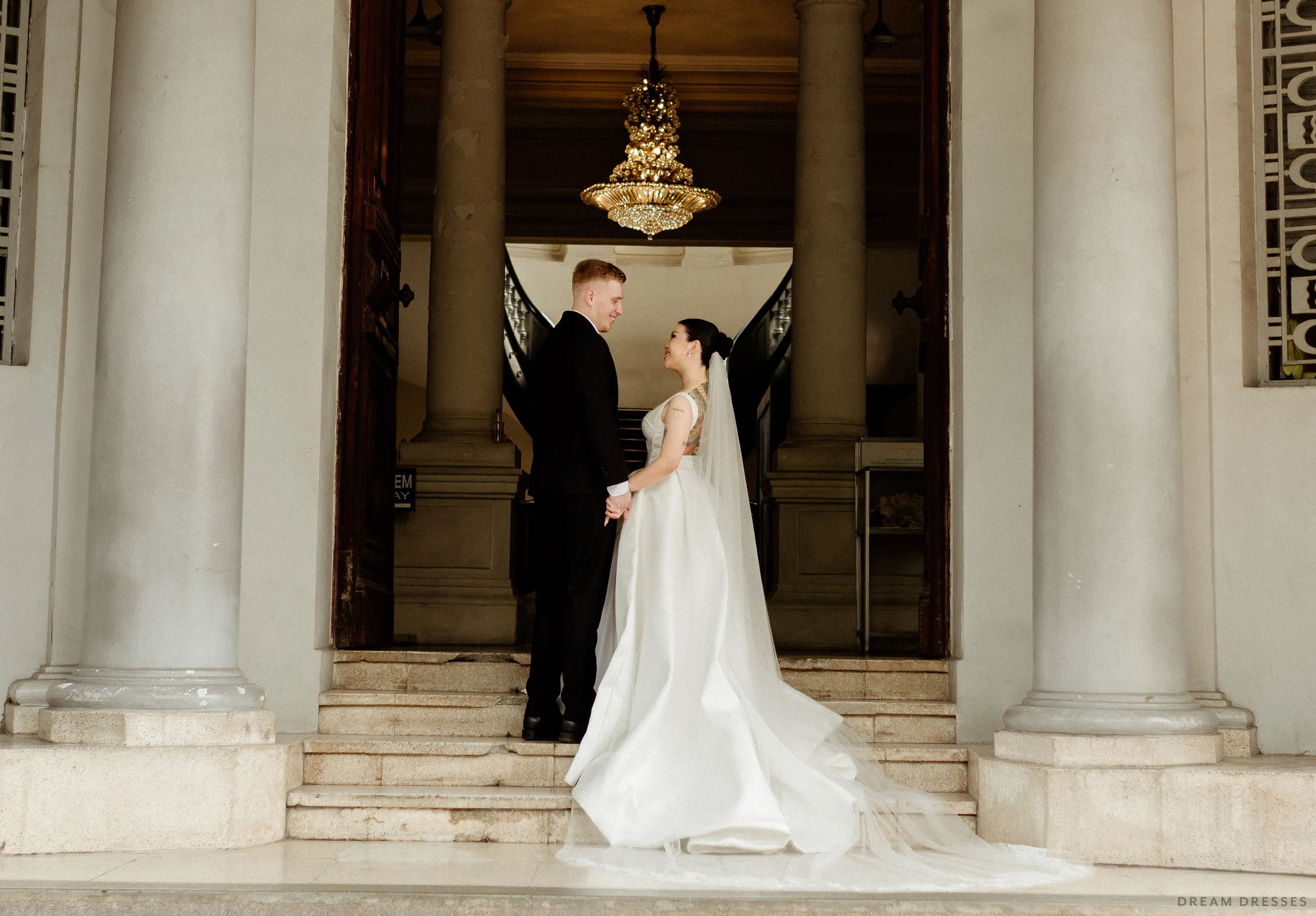 Satin Ball Gown Wedding Dress with High Slit  (#KHANHTIEN)