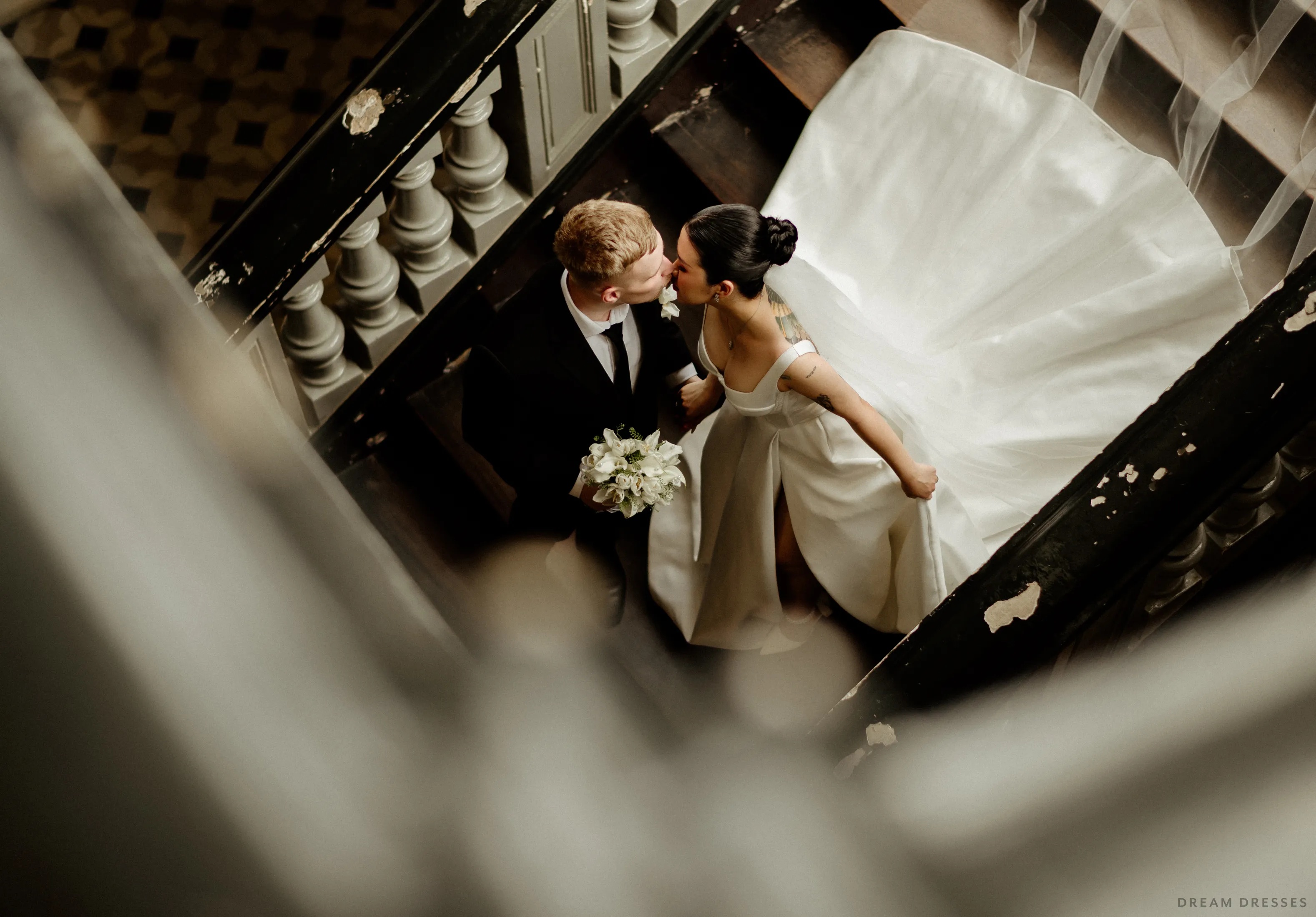Satin Ball Gown Wedding Dress with High Slit  (#KHANHTIEN)