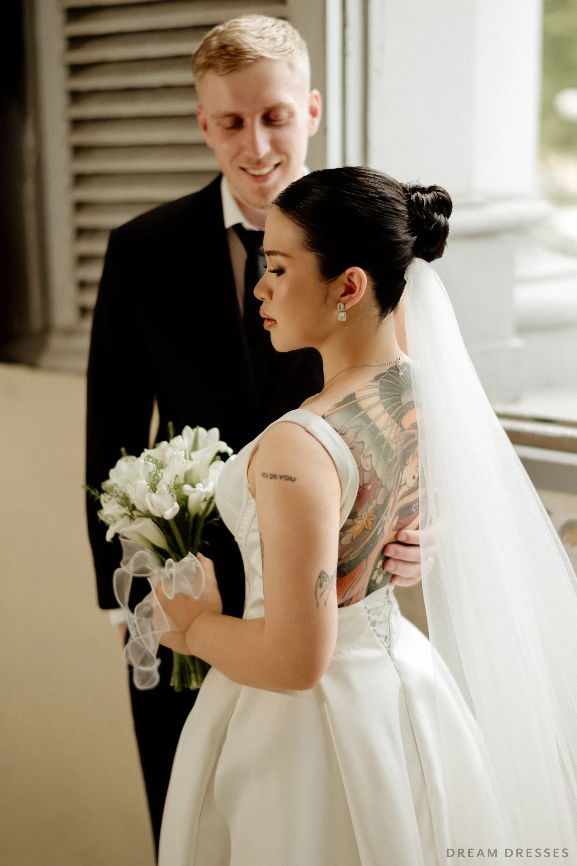 Satin Ball Gown Wedding Dress with High Slit  (#KHANHTIEN)